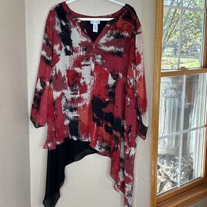 Catherines‎ Shirt Womens 4X Red Black Abstract Asymmetrical Hem Chiffon Tunic